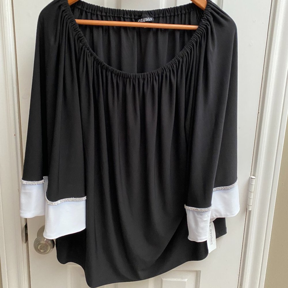 NWT! Formal Black Pullover Top with Rhinestone Accents & Flared Sleeve